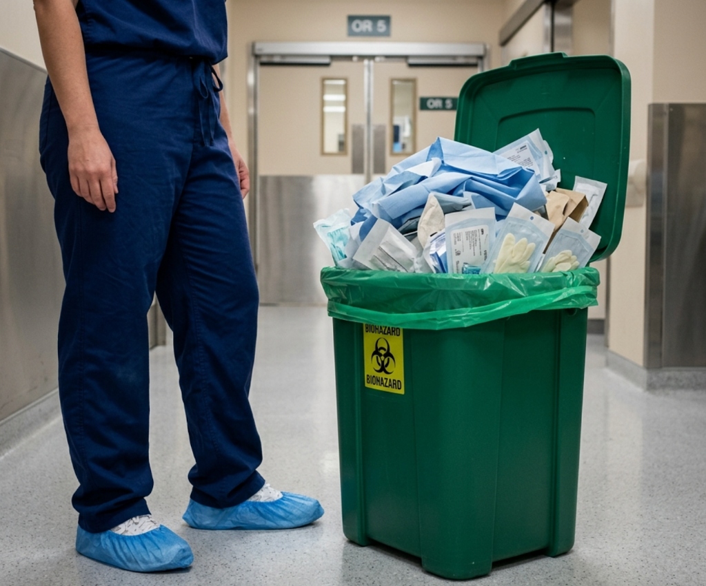 Surgical supply waste in an operating room bin