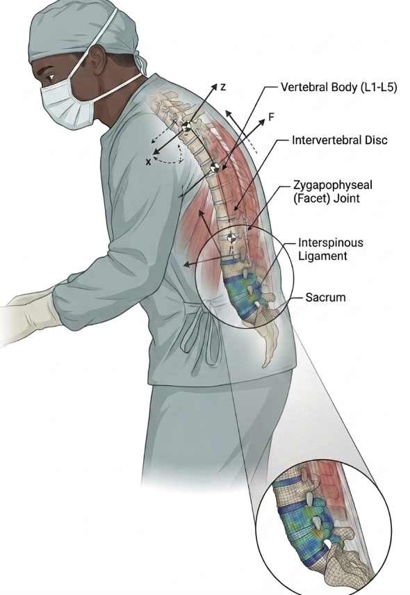 Anatomical illustration of a surgeon's lumbar spine while leaning over the operating field